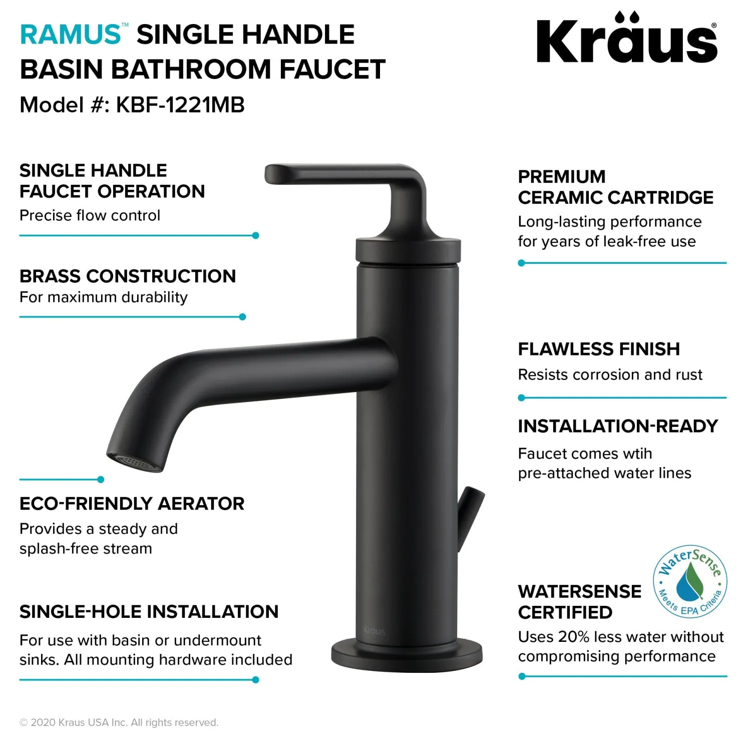 KRAUS Ramus Single Handle Bathroom Sink Faucet with Lift Rod Drain in Matte Black