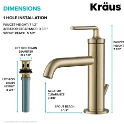 KRAUS Ramus Single Handle 2-Pack Bathroom Sink Faucet with Lift Rod Drain in Brushed Gold
