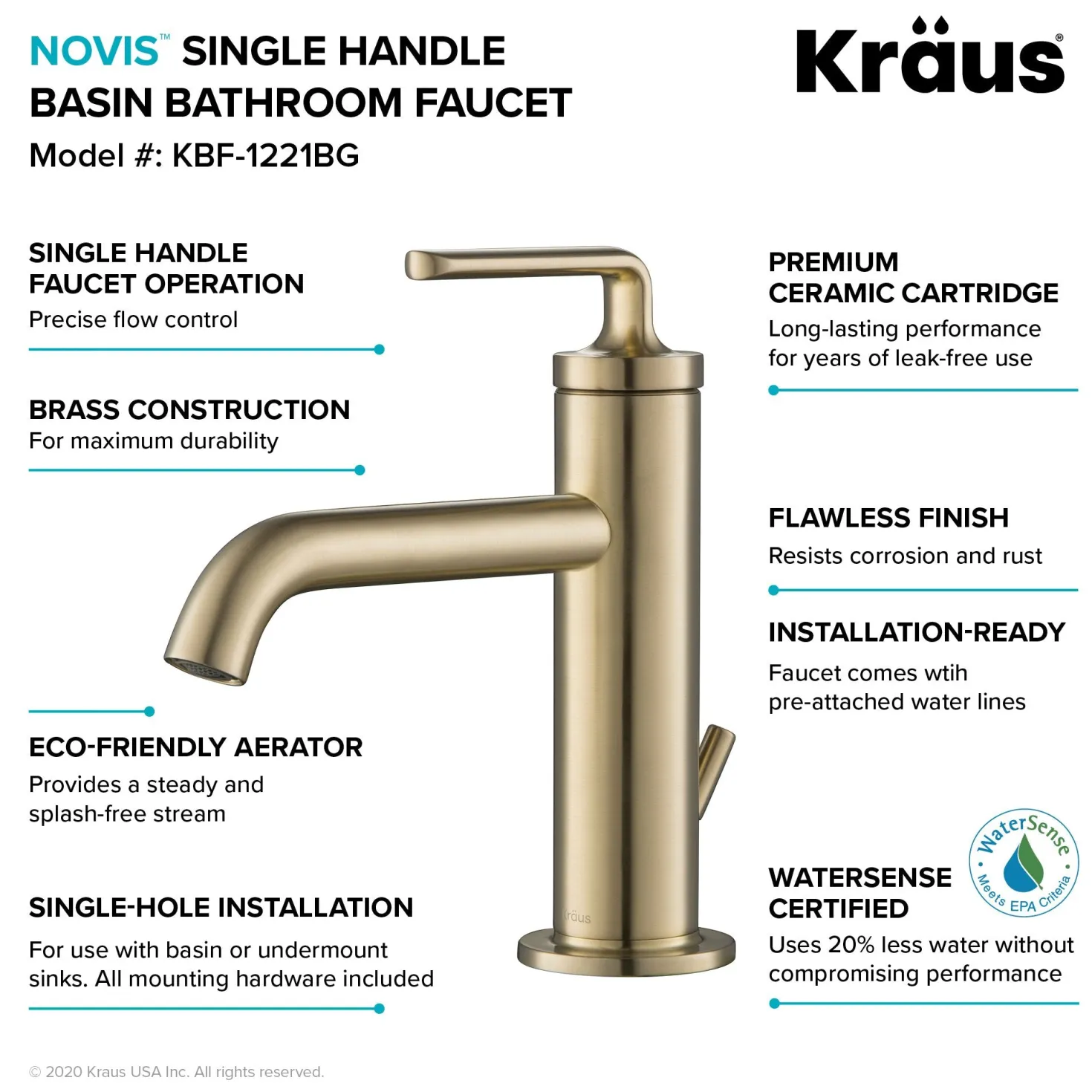 KRAUS Ramus Single Handle 2-Pack Bathroom Sink Faucet with Lift Rod Drain in Brushed Gold