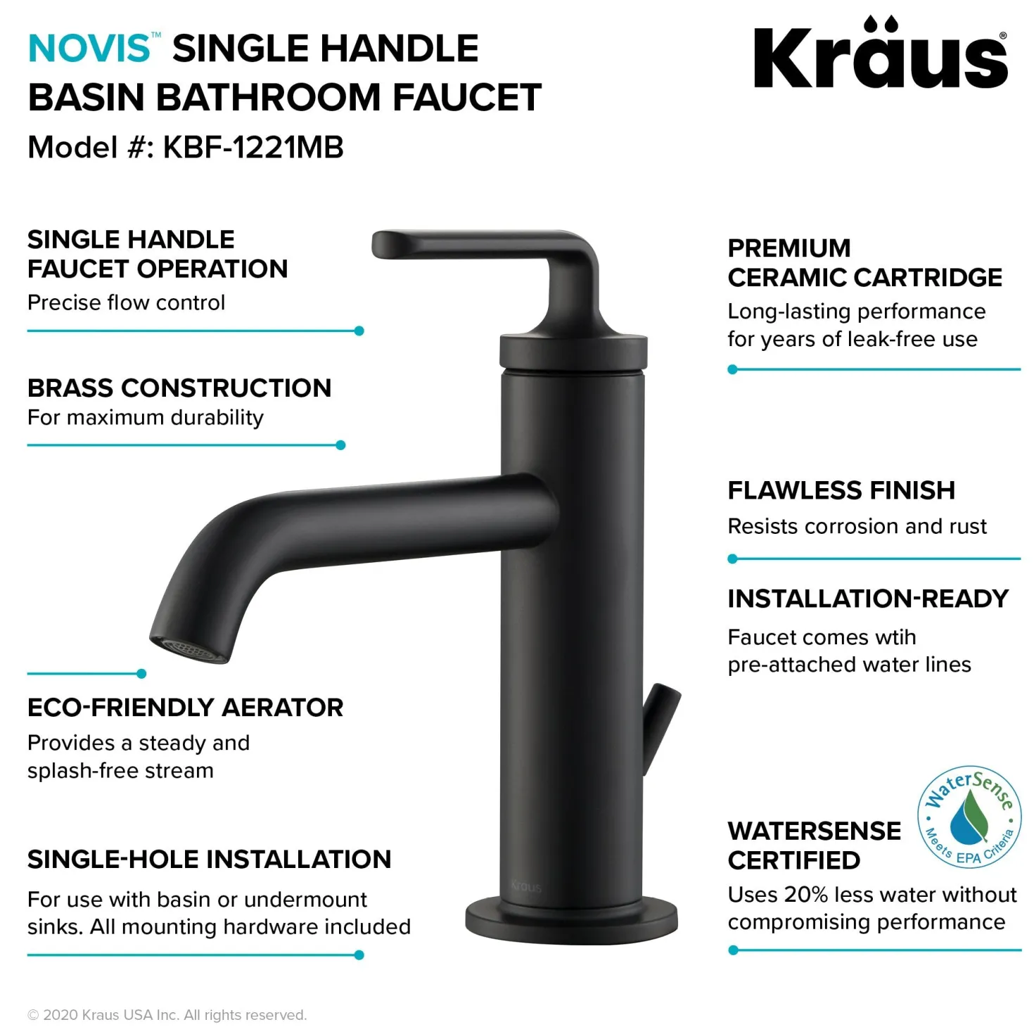 KRAUS Ramus Single Handle 2-Pack Bathroom Sink Faucet with Lift Rod Drain in Matte Black