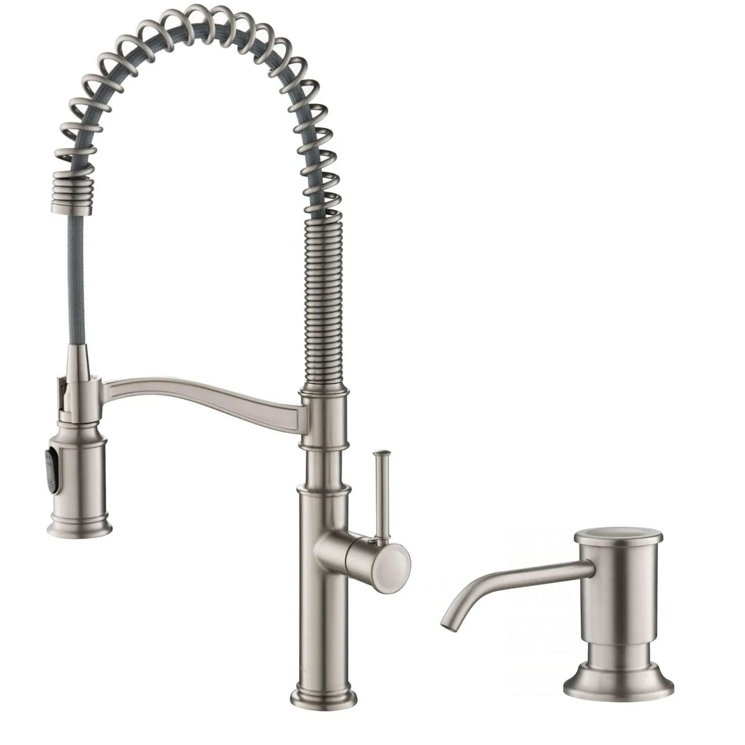 KRAUS Sellette Commercial Style Pull-Down Kitchen Faucet with Deck Plate and Soap Dispenser in Spot Free Stainless Steel