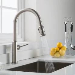KRAUS Sellette Single Handle Pull Down Kitchen Faucet with Dual Function Sprayhead in Spot Free all-Brite Stainless Steel