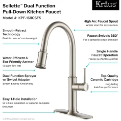 KRAUS Sellette Single Handle Pull Down Kitchen Faucet with Dual Function Sprayhead in Spot Free all-Brite Stainless Steel