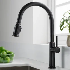 KRAUS Sellette Single Handle Pull Down Kitchen Faucet with Deck Plate and Soap Dispenser in Oil Rubbed Bronze