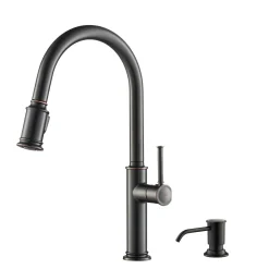 KRAUS Sellette Single Handle Pull Down Kitchen Faucet with Deck Plate and Soap Dispenser in Oil Rubbed Bronze