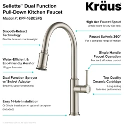 KRAUS Sellette Single Handle Pull Down Kitchen Faucet with Deck Plate and Soap Dispenser in Spot Free Stainless Steel