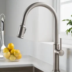 KRAUS Sellette Single Handle Pull Down Kitchen Faucet with Deck Plate and Soap Dispenser in Spot Free Stainless Steel