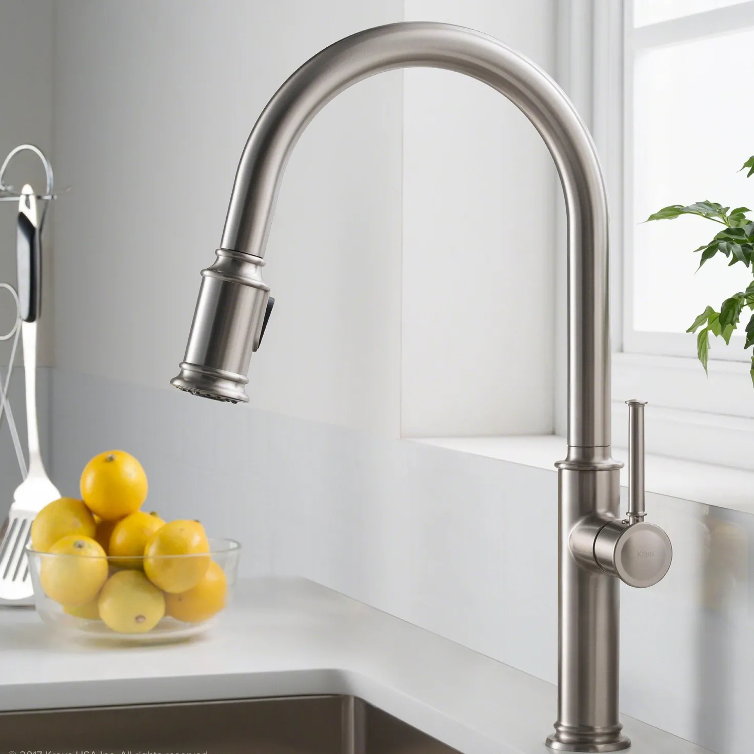 KRAUS Sellette Single Handle Pull Down Kitchen Faucet with Deck Plate and Soap Dispenser in Spot Free Stainless Steel