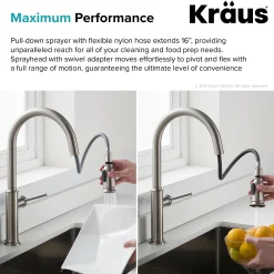 KRAUS Sellette Single Handle Pull Down Kitchen Faucet with Deck Plate and Soap Dispenser in Spot Free Stainless Steel