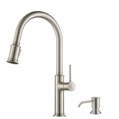 KRAUS Sellette Single Handle Pull Down Kitchen Faucet with Deck Plate and Soap Dispenser in Spot Free Stainless Steel