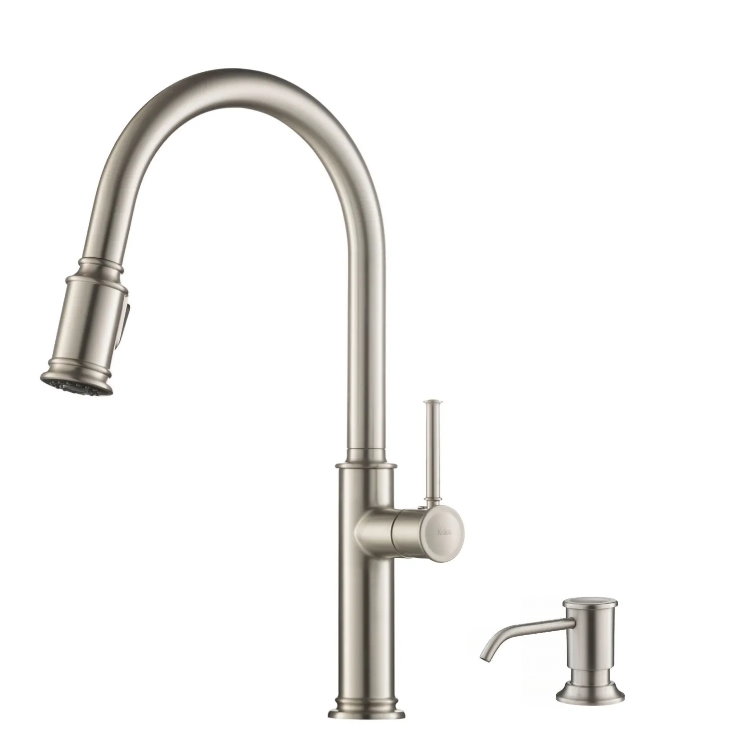 KRAUS Sellette Single Handle Pull Down Kitchen Faucet with Deck Plate and Soap Dispenser in Spot Free Stainless Steel