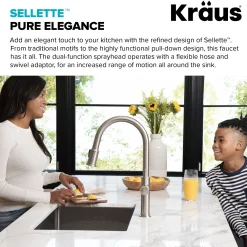 KRAUS Sellette Single Handle Pull Down Kitchen Faucet with Deck Plate and Soap Dispenser in Spot Free Stainless Steel