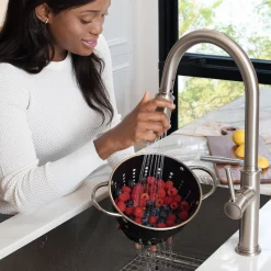 KRAUS Sellette Single Handle Pull Down Kitchen Faucet with Deck Plate and Soap Dispenser in Spot Free Stainless Steel