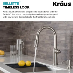 KRAUS Sellette Traditional Single Handle Pull-Down Kitchen Faucet with Soap Dispenser and Deck Plate in Spot Free Stainless Steel