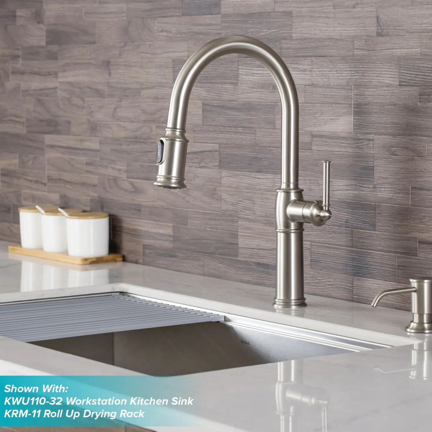 KRAUS Sellette Traditional Single Handle Pull-Down Kitchen Faucet with Soap Dispenser and Deck Plate in Spot Free Stainless Steel