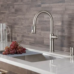KRAUS Sellette Traditional Single Handle Pull-Down Kitchen Faucet with Soap Dispenser and Deck Plate in Spot Free Stainless Steel