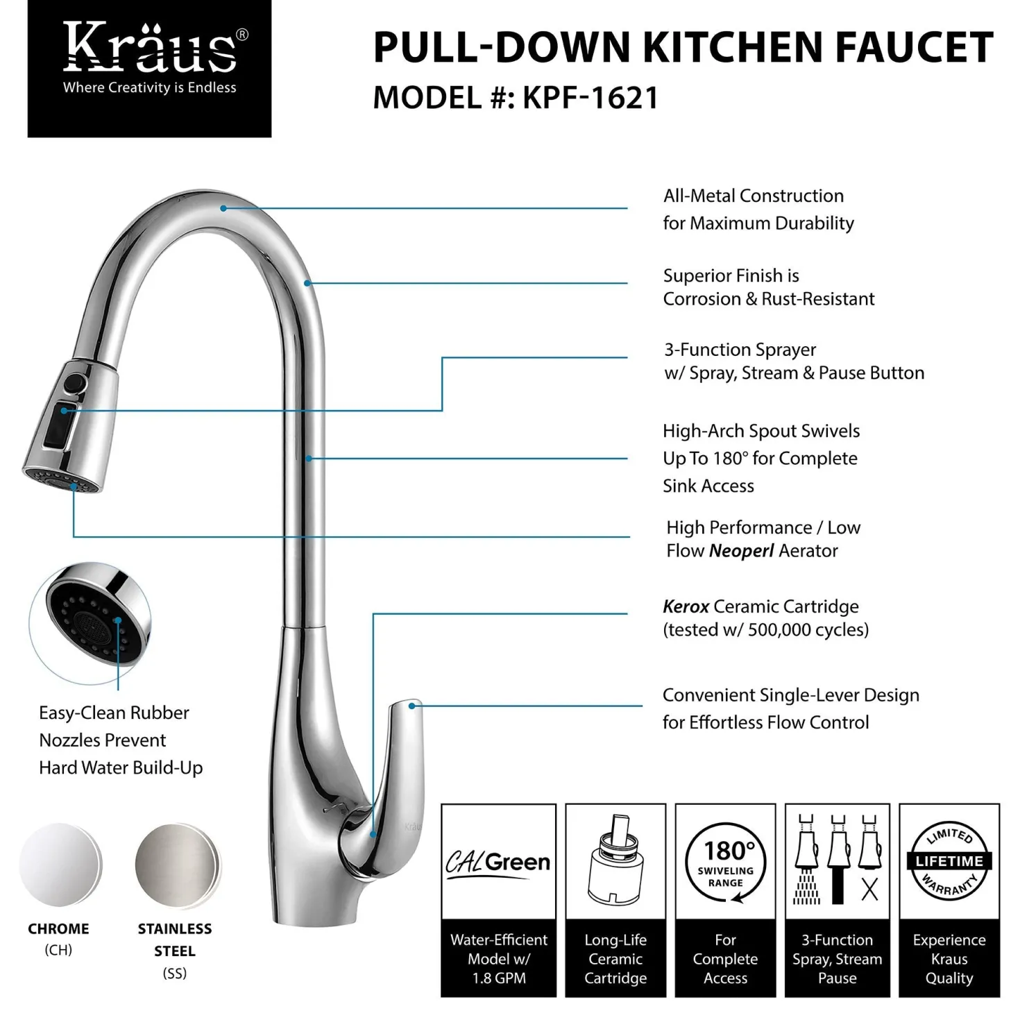 KRAUS Single-Handle High Arch Kitchen Faucet with Pull Down Dual-Function Sprayer in Chrome