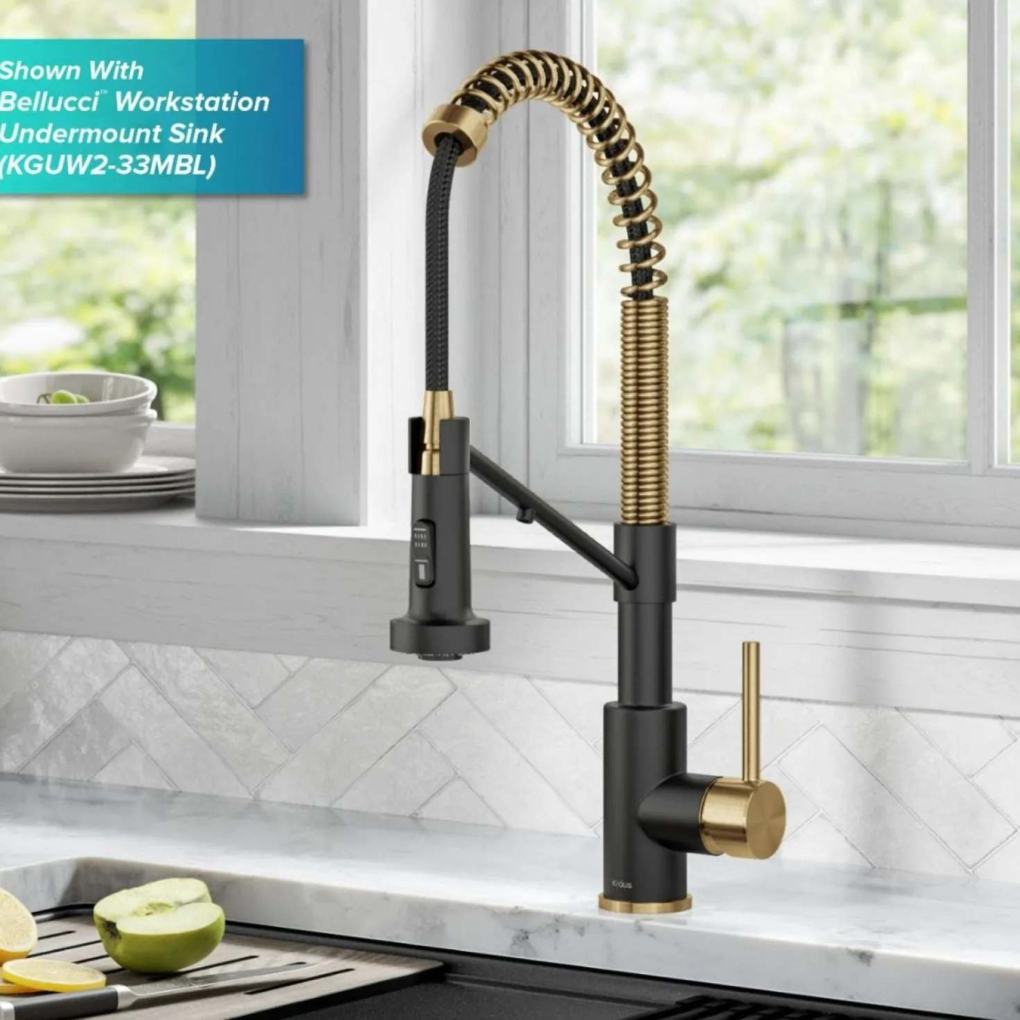 KRAUS Single Handle Kitchen Faucet with Integrated Dispenser for Water Filtration in Brushed Brass & Matte Black