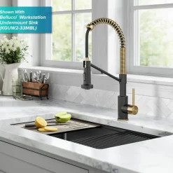 KRAUS Single Handle Kitchen Faucet with Integrated Dispenser for Water Filtration in Brushed Brass & Matte Black