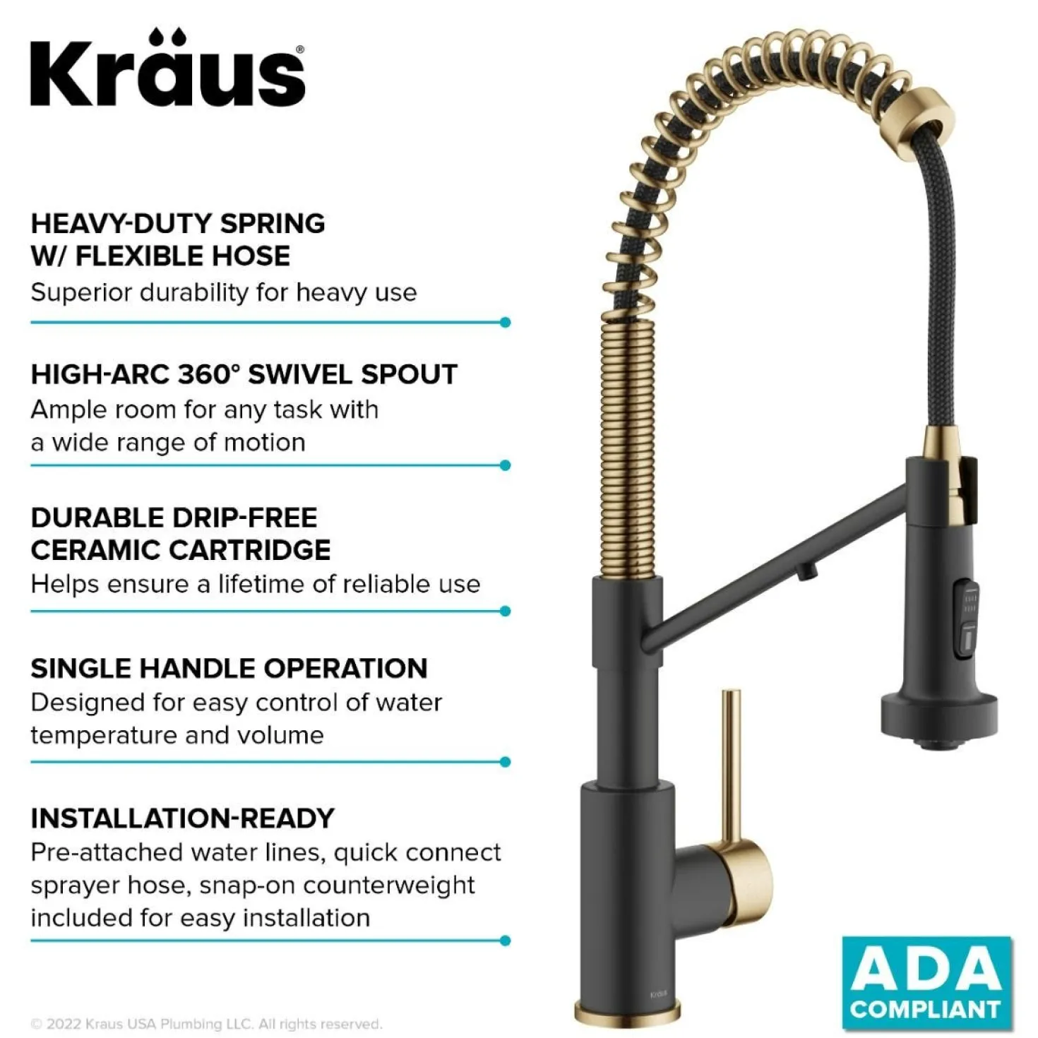KRAUS Single Handle Kitchen Faucet with Integrated Dispenser for Water Filtration in Brushed Brass & Matte Black