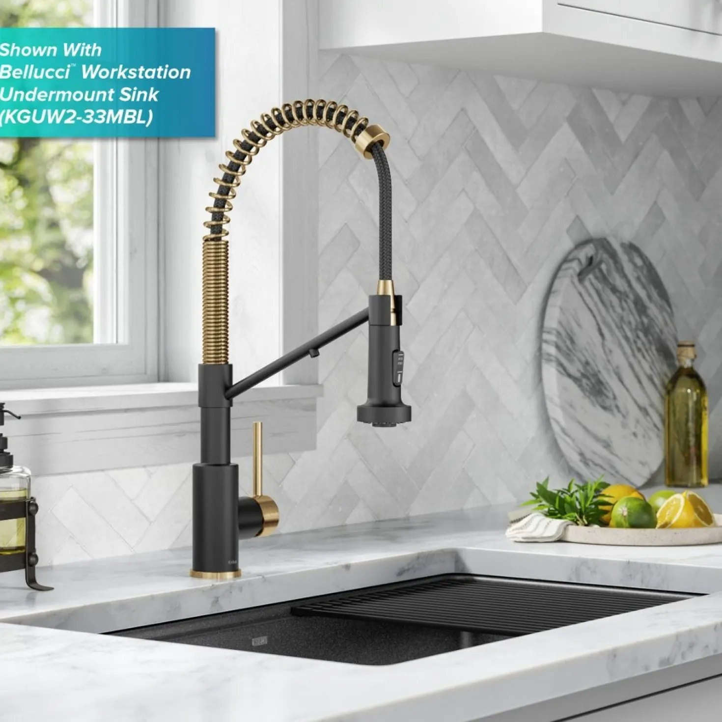 KRAUS Single Handle Kitchen Faucet with Integrated Dispenser for Water Filtration in Brushed Brass & Matte Black