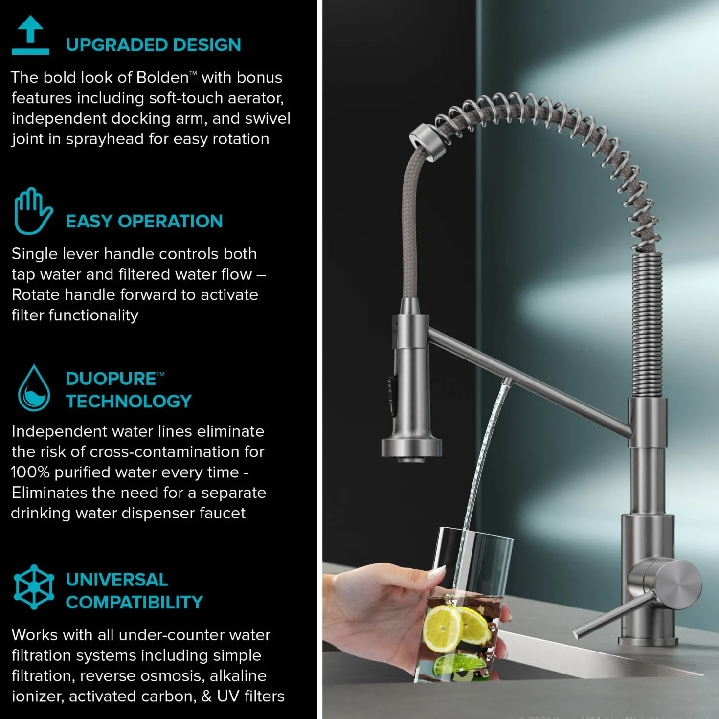 KRAUS Single Handle Kitchen Faucet with Integrated Dispenser for Water Filtration in Brushed Brass