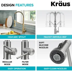 KRAUS Single Handle Kitchen Faucet with Integrated Dispenser for Water Filtration in Spot Free Antique Champagne Bronze