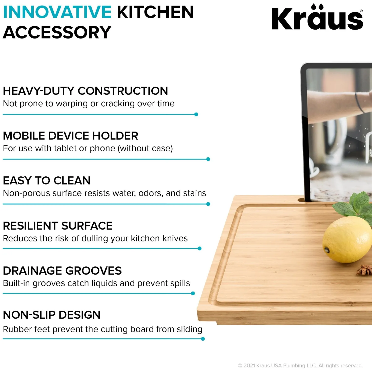 KRAUS Solid Bamboo Cutting Board with Mobile Device Holder for most Standard Kitchen Sinks