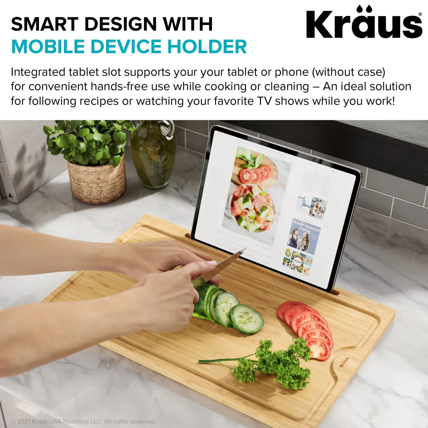 KRAUS Solid Bamboo Cutting Board with Mobile Device Holder for most Standard Kitchen Sinks