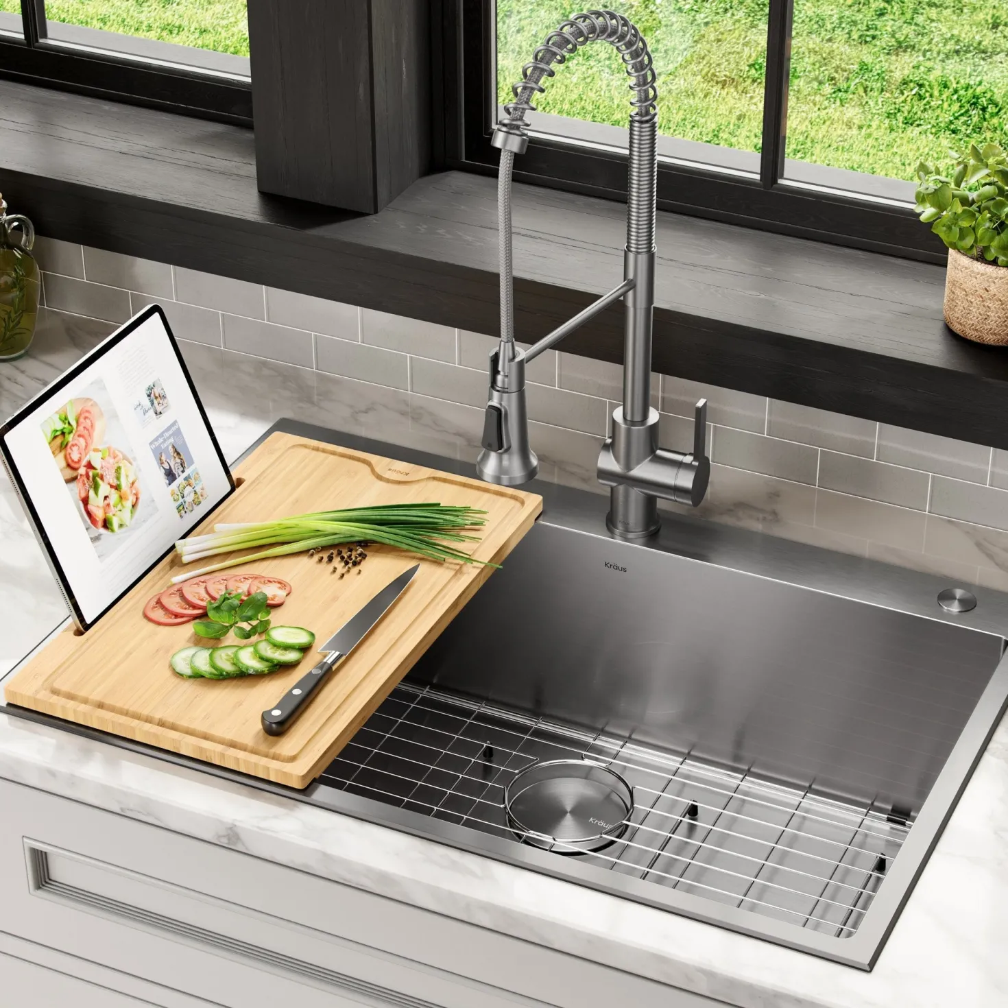 KRAUS Solid Bamboo Cutting Board with Mobile Device Holder for most Standard Kitchen Sinks