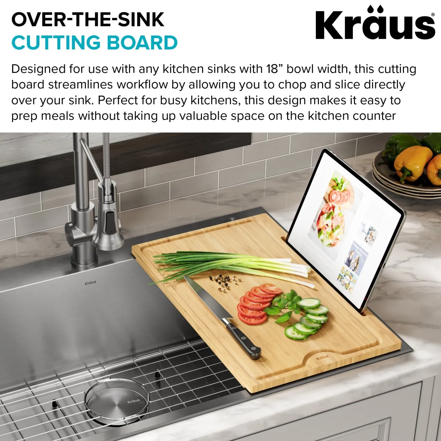 KRAUS Solid Bamboo Cutting Board with Mobile Device Holder for most Standard Kitchen Sinks