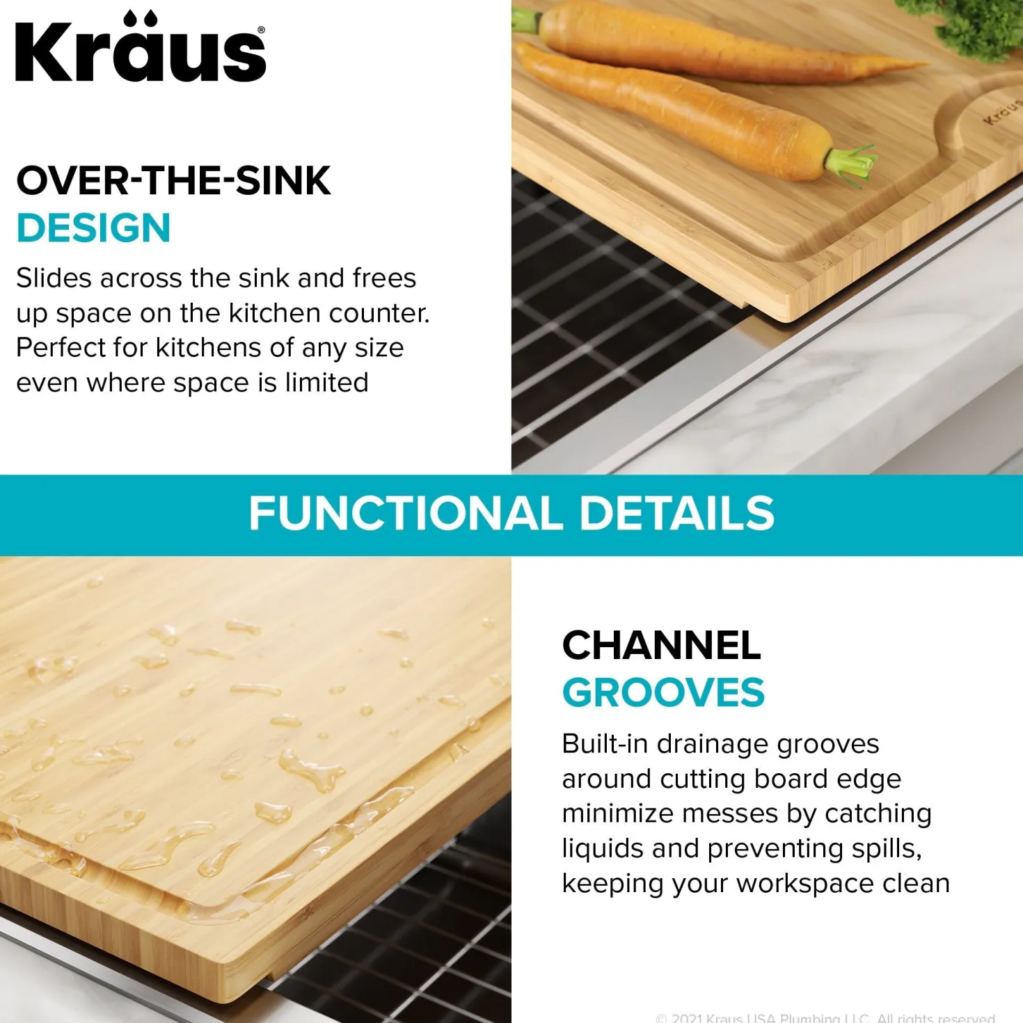 KRAUS Solid Bamboo Cutting Board with Mobile Device Holder for most Standard Kitchen Sinks