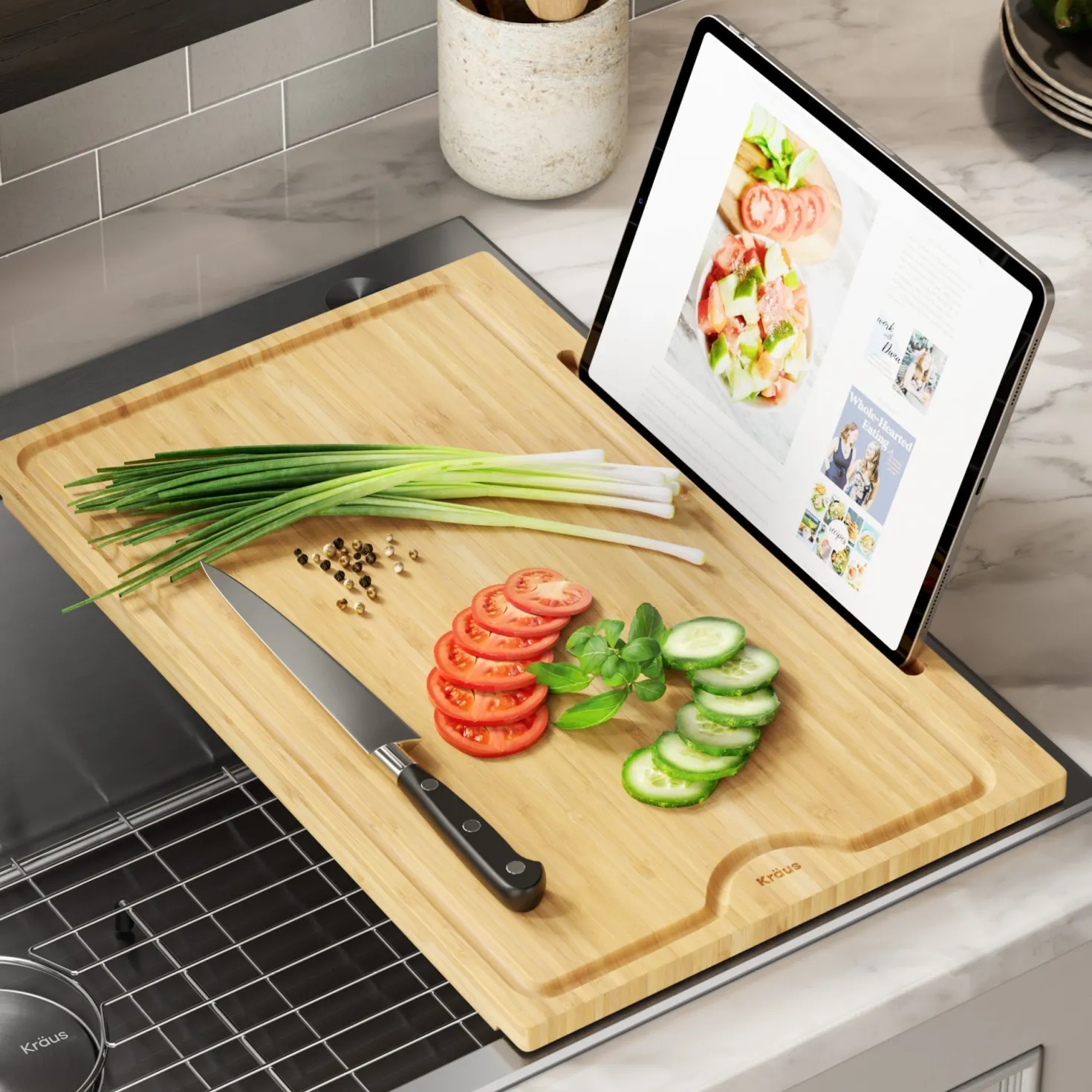 KRAUS Solid Bamboo Cutting Board with Mobile Device Holder for most Standard Kitchen Sinks