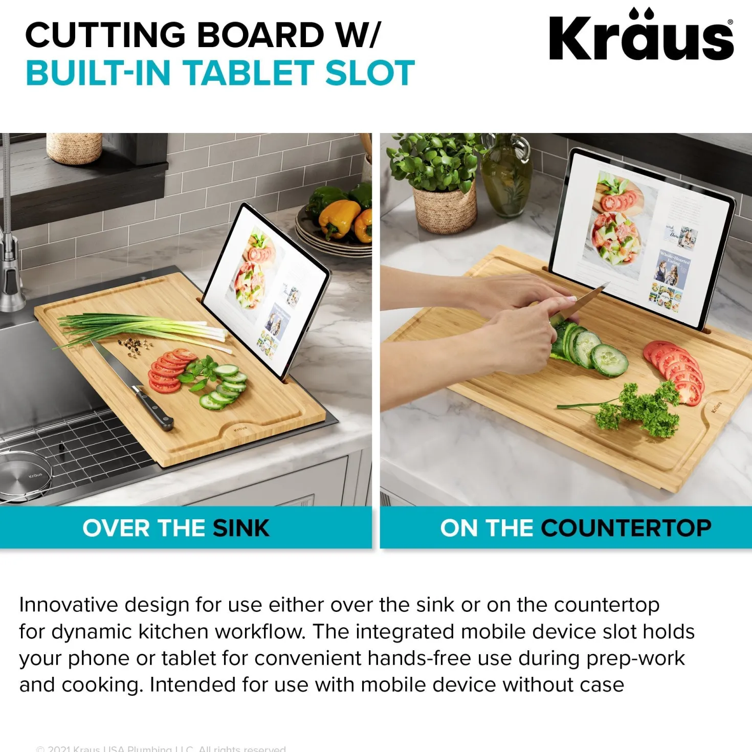 KRAUS Solid Bamboo Cutting Board with Mobile Device Holder for most Standard Kitchen Sinks
