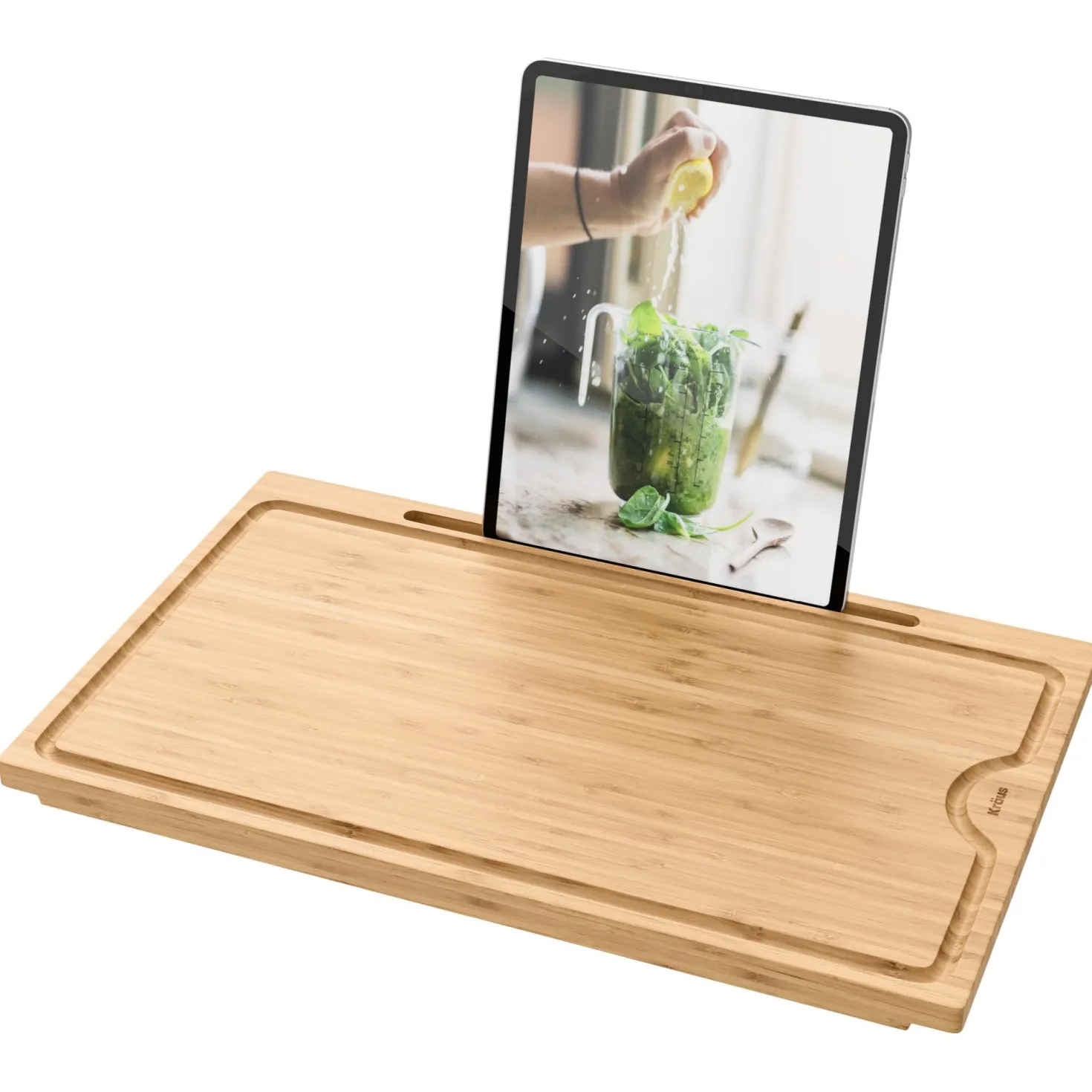 KRAUS Solid Bamboo Cutting Board with Mobile Device Holder for most Standard Kitchen Sinks