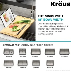 KRAUS Solid Bamboo Cutting Board with Mobile Device Holder for most Standard Kitchen Sinks