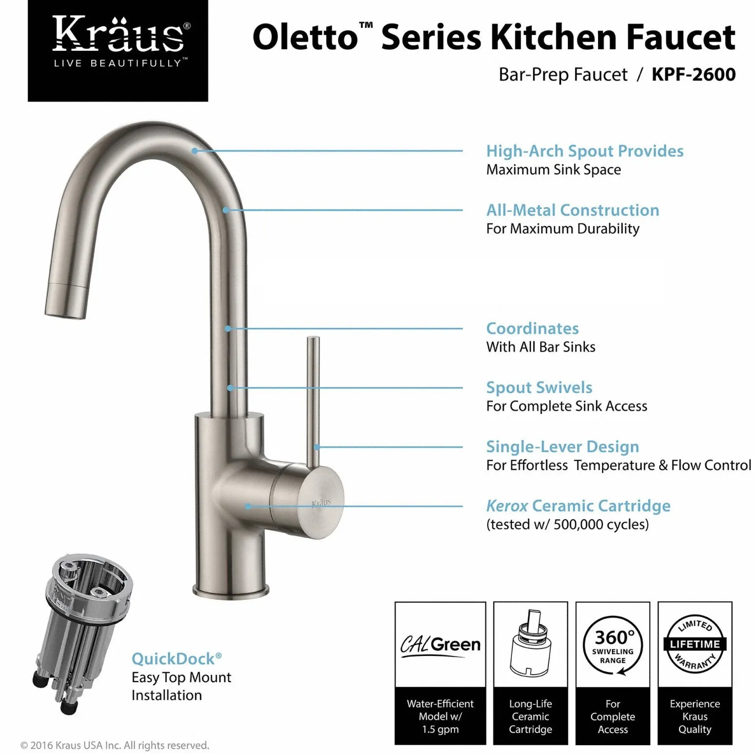 KRAUS Spot Free Oletto Single Handle Kitchen Bar Faucet in all-Brite Stainless Steel Finish