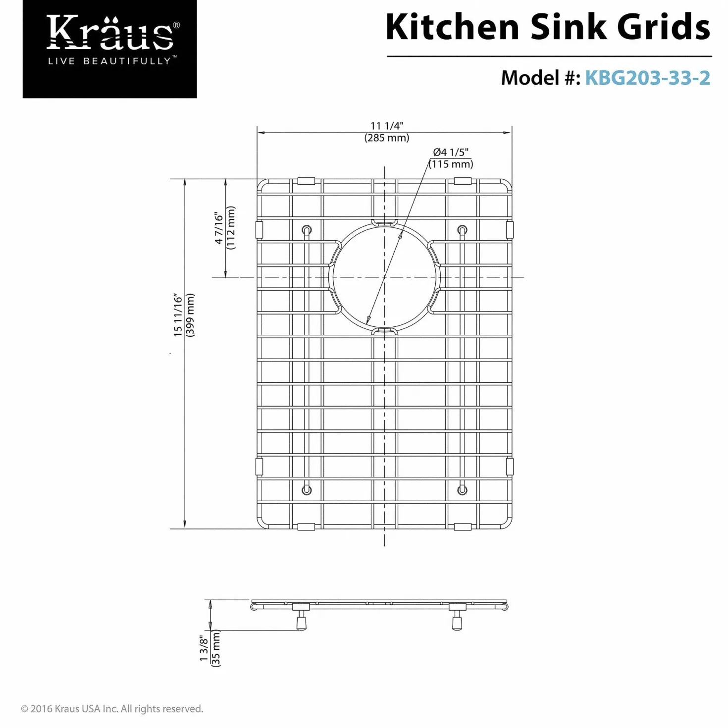 KRAUS Stainless Steel Bottom Grid with Protective Anti-Scratch Bumpers for KHF203-33 Kitchen Sink Right Bowl