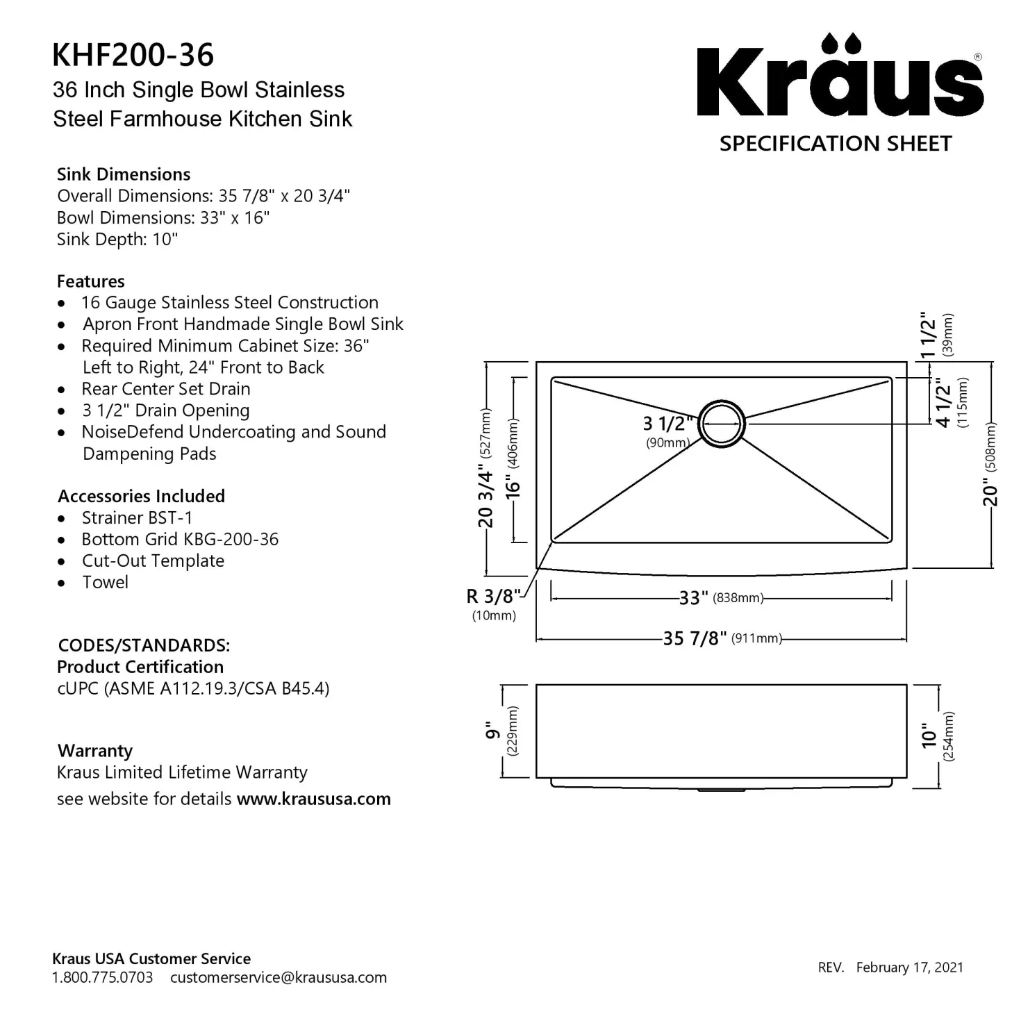 KRAUS Standart PRO 36" 16 Gauge Single Bowl Stainless Steel Farmhouse Kitchen Sink