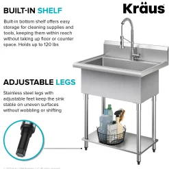 KRAUS Standart Pro 32” 18-Gauge Stainless Steel Single Bowl Commercial Style Laundry Utility Sink
