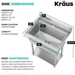 KRAUS Standart Pro 32” 18-Gauge Stainless Steel Single Bowl Commercial Style Laundry Utility Sink