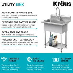 KRAUS Standart Pro 32” 18-Gauge Stainless Steel Single Bowl Commercial Style Laundry Utility Sink