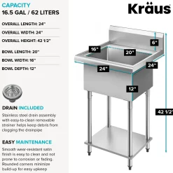 KRAUS Standart Pro 24” Wide Stainless Steel Laundry Utility Sink