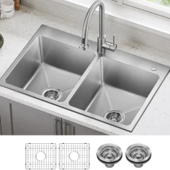 KRAUS 33” Topmount Double Bowl Stainless Steel Kitchen Sink