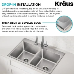 KRAUS 33” Topmount Double Bowl Stainless Steel Kitchen Sink