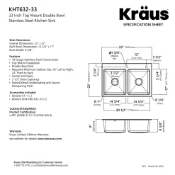 KRAUS 33” Topmount Double Bowl Stainless Steel Kitchen Sink