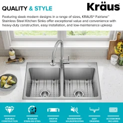 KRAUS 33” Topmount Double Bowl Stainless Steel Kitchen Sink
