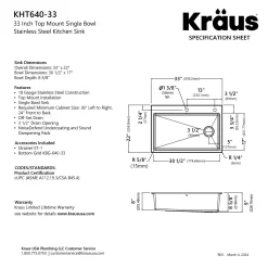 KRAUS 33” Topmount Single Bowl Stainless Steel Kitchen Sink