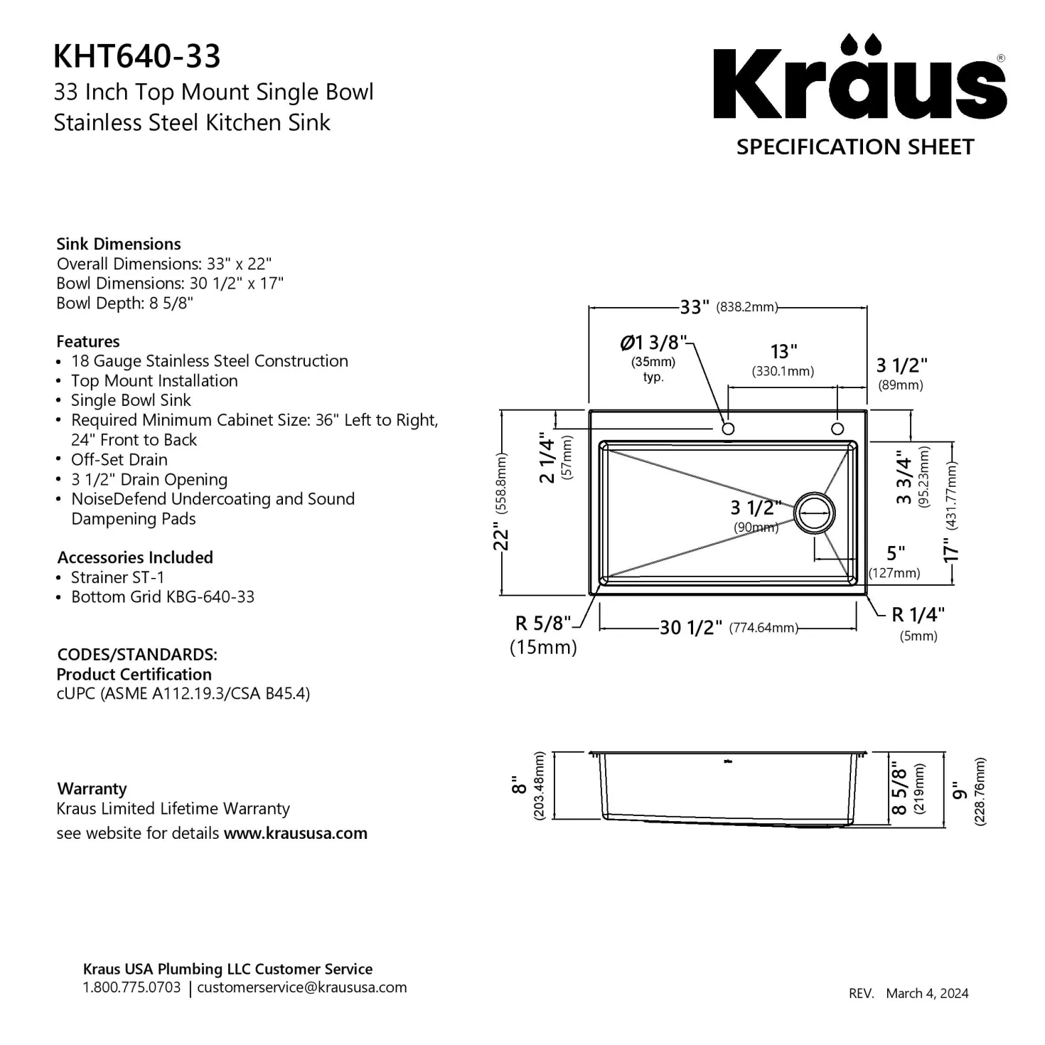 KRAUS 33” Topmount Single Bowl Stainless Steel Kitchen Sink