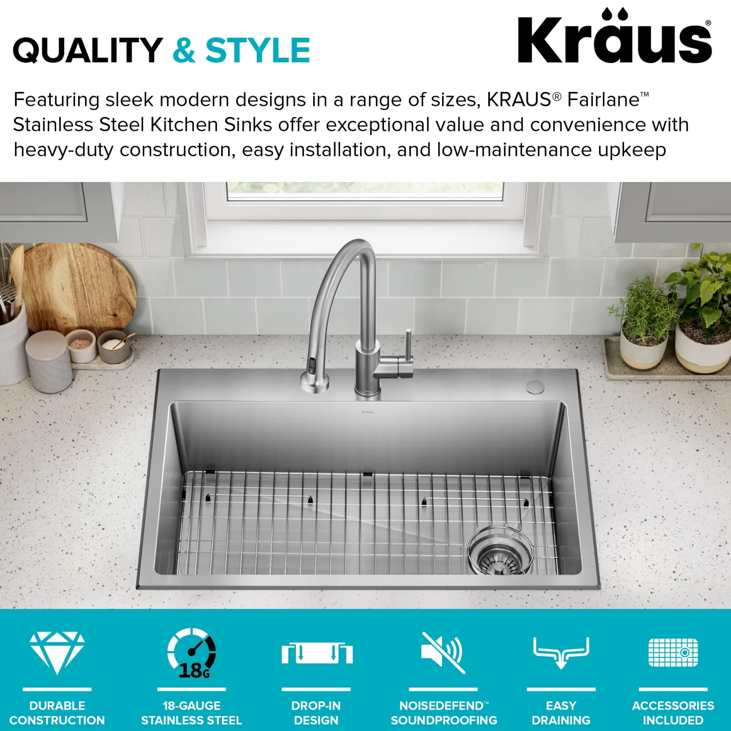 KRAUS 33” Topmount Single Bowl Stainless Steel Kitchen Sink